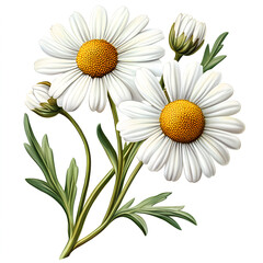 Fototapeta premium Beautiful white daisies with yellow centers and green leaves