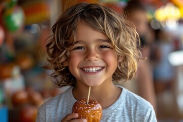 At an outdoor fair or festival, an excited little boy is smiling while holding a caramel apple. Generative Ai