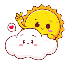 Cute smiling sun and a cute fluffy cloud. The sun flashes a peace sign while hugging the cloud. Kawaii object concept design vector illustration.