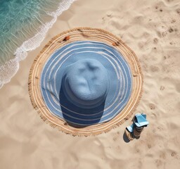 Top view of blue towel and sun hat on sandy beach, blue, top view, relaxation