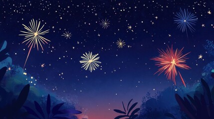 Festive Night Sky with Fireworks and Starry Background, Illustration.