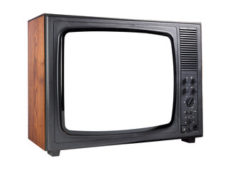 Old vintage television with white screen isolated on white background. Side view.PNG.