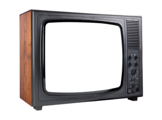Old vintage television with white screen isolated on white background. Side view.PNG.
