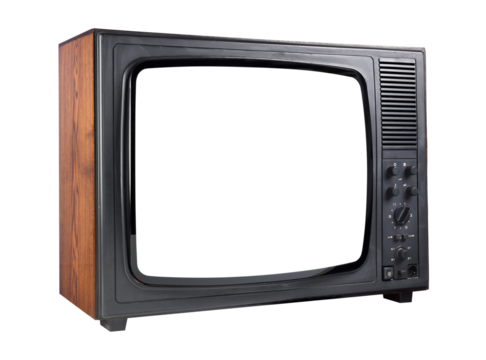 Old vintage television with white screen isolated on white background. Side view.PNG.