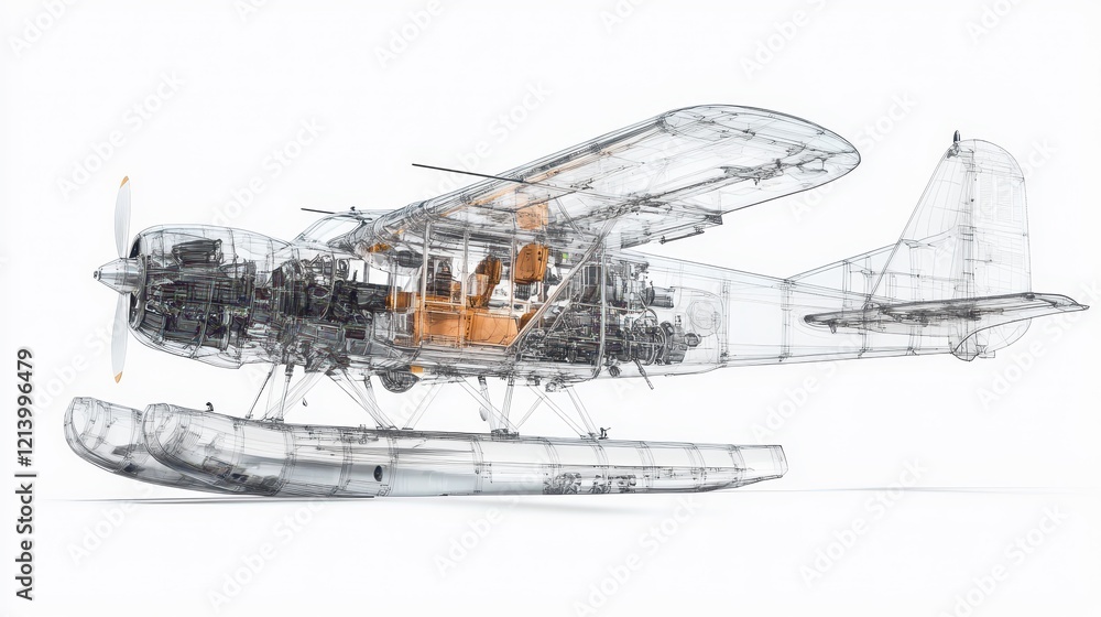 Poster detailed wireframe rendering of a seaplane with transparent components on white background.