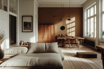 Modern minimalist living room interior design with wooden staircase