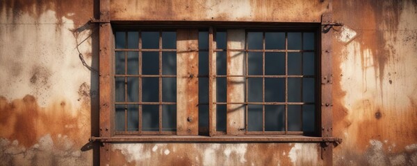 View of a rusty iron wall with a barred window, inlet, latch