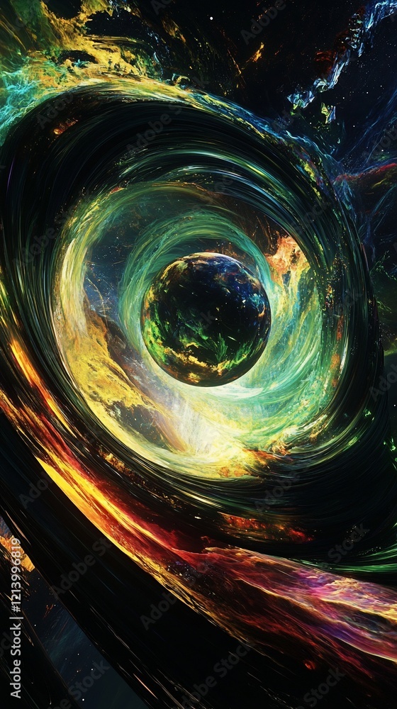 Poster abstract cosmic swirl with central planet in vibrant colors and dynamic patterns