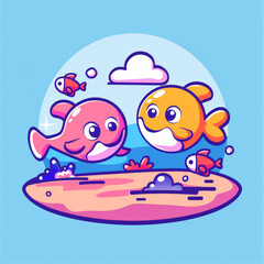 Cute pink and yellow cartoon whales swimming happily in colorful ocean