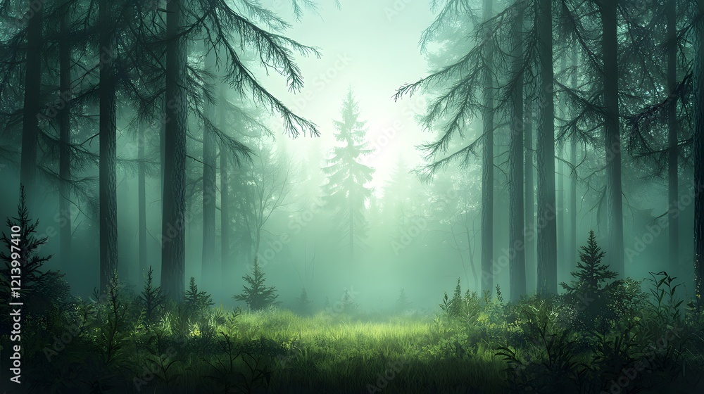 Aufkleber mysterious and enchanting foggy forest landscape with towering evergreen trees and hazy atmospheric 