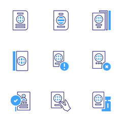 Passport icon set. Bold line style. Duotone colors. Editable stroke. passport, check, deportation
