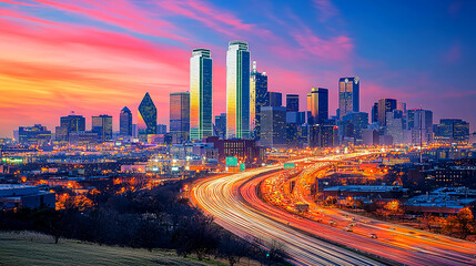 Fototapeta premium Dallas Skyline at Dusk: A Breathtaking Urban Panorama