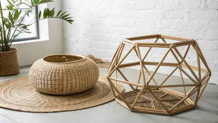 Fototapeta premium Contemporary geometric shapes intersecting with natural fibers, innovative textiles, geometric shapes