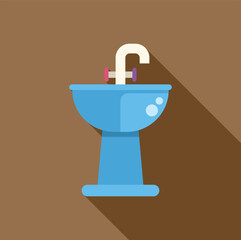 Minimalist vector illustration of a blue pedestal sink with faucet, bubbles, and long shadow against a brown backdrop