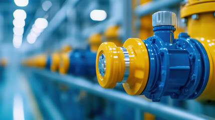 Fototapeta premium Industrial pipeline with yellow valves and blue connectors