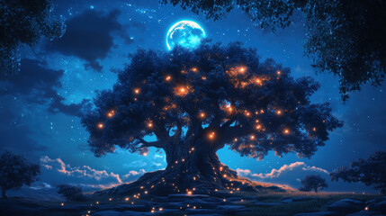 Fototapeta premium Majestic Tree with Glowing Fireflies under a Moonlit Sky