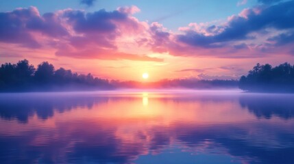 Obraz premium Serene Sunset Over Misty Lake With Silhouetted Trees