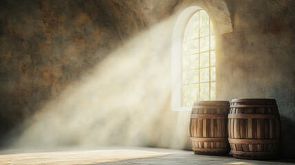 Sunlight streaming through arched window illuminating rustic barrels in dim room
