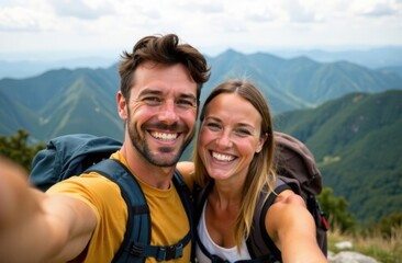 Cheerful couple of hikers taking selfie on top of the mountain - Millennial guy and girl enjoying summertime day out laughing at camera together - Millenial travelers standing on nature background