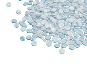 Collection Of White PVC Plastic Polymer Pellets Or Beads Isolated On Blue 3d Illustration