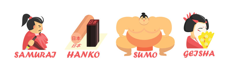 Japanese Famous Object and Symbol with Inscription Vector Set