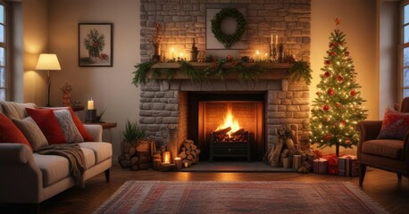 Cozy living room with a burning fireplace and Christmas decorations, fireplace, candles, living room