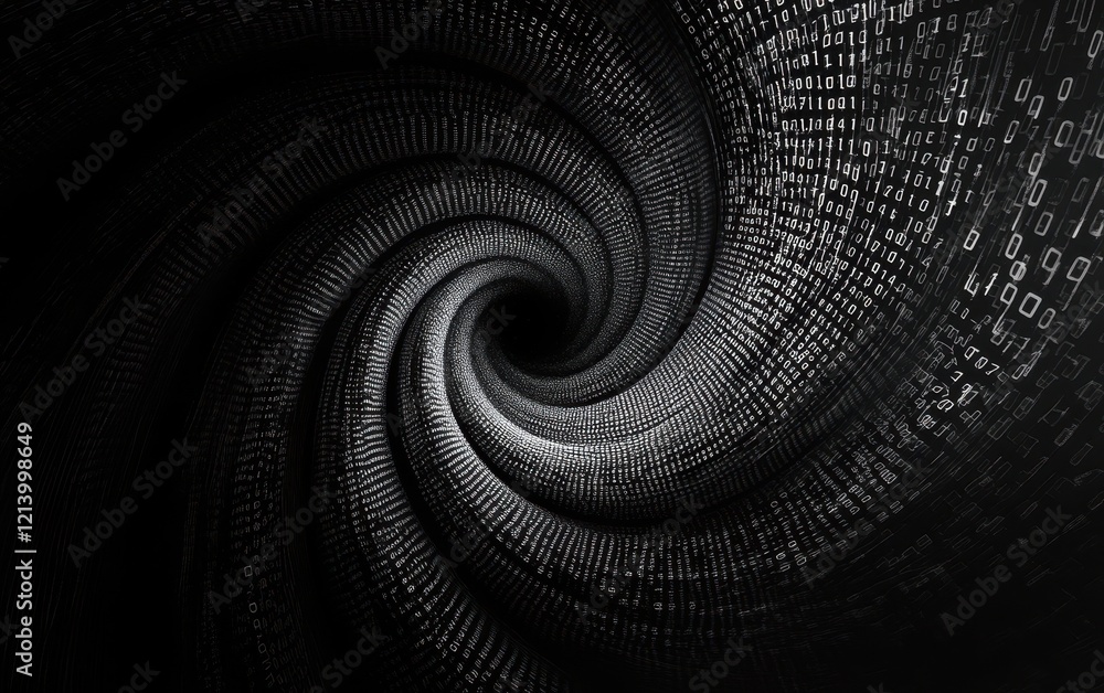 Poster binary code spiral abstract data flow in a dark tunnel of digital information.