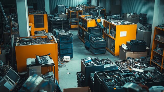 A large, cluttered warehouse showcases rows of outdated electronics, including computers, circuit boards, and various components. The dim lighting highlights the disarray of obsolete technology.