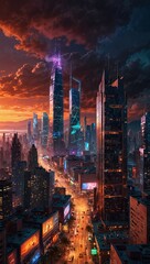 Vibrant futuristic cityscape at dusk digital art