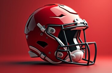 Naklejka premium Glossy red American football helmet with black facemask, futuristic sports equipment design on red background