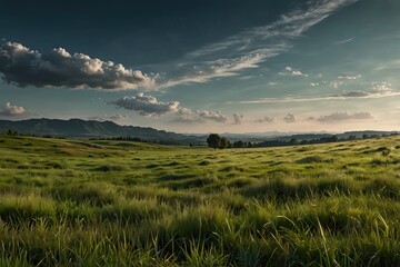 Fototapeta premium Meadow full of green grass panorama view landscape