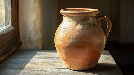 Rustic terracotta pitcher on wooden sill in sunlight.