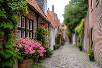 Fototapeta premium Charming cobblestone street with blooming flowers and historical brick houses in a quaint European village
