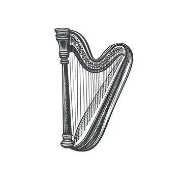 recommend clip art: Vintage Harp Drawing, Detailed Musical Instrument, Isolated on White Background