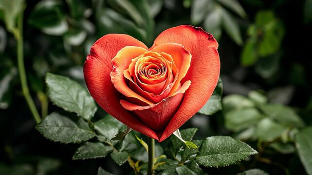 The heart shape of the vibrant red rose petals against the lush green backdrop of the garden creates a stunning and romantic scene in nature.