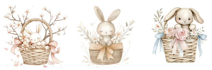 Obraz premium Cute rabbits in floral baskets adorned with ribbons, perfect for Easter and spring celebrations on transparent background