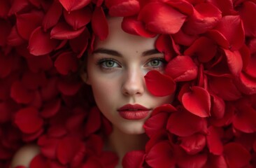 Close-up portrait of a woman surrounded by vibrant red petals, featuring striking green eyes and red lipstick for Valentine's Day
