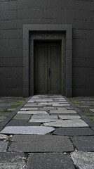 Dark grey stone path leading to an ancient door, crumbling, entranceways, melancholic, abandoned