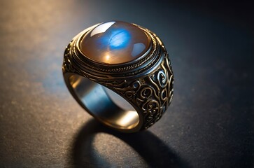 Luxurious gemstone ring featuring an intricate design and captivating moonstone glow displayed against a dark background