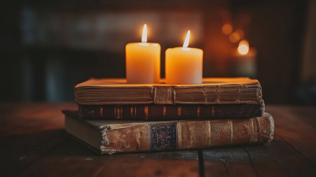Antique books illuminated by candlelight creating a warm ambiance