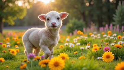Fototapeta premium Cute lamb standing among colorful flowers in sunny meadow