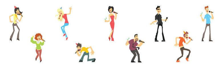 People Character Dancing and Singing in Karaoke Club Vector Set
