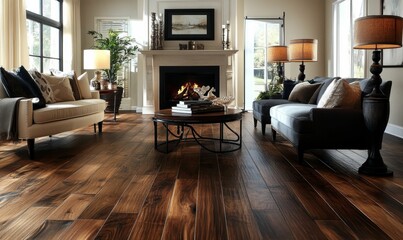 Living room with fireplace, sofas, lamps, and wood floor.