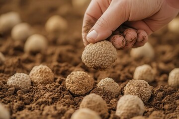 Hand picking black organic truffles Hand picking truffles from a soil-covered surface.