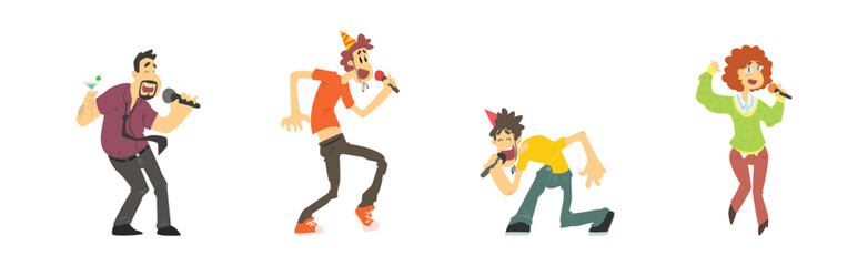People Character Dancing and Singing in Karaoke Club Vector Set