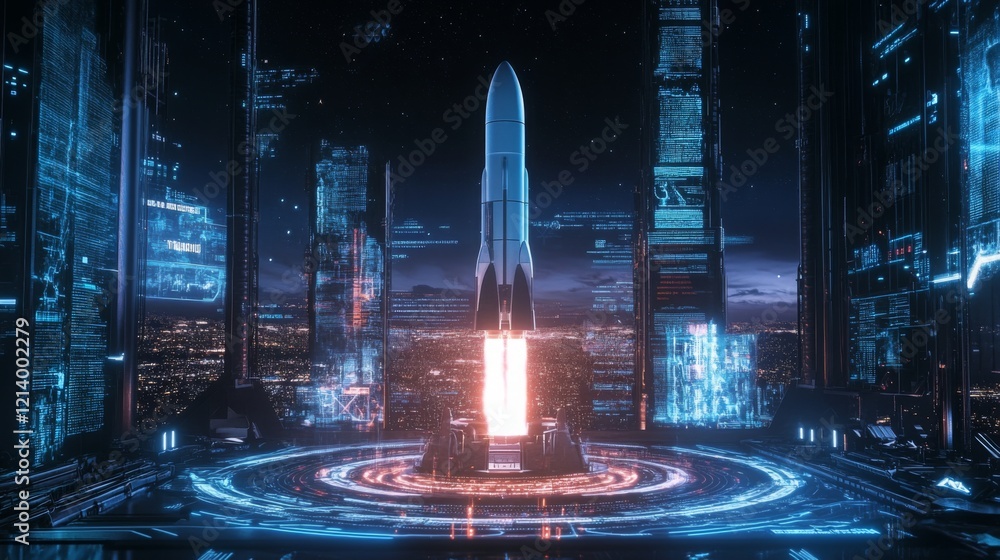 Poster a sleek rocket stands ready on a launchpad surrounded by glowing holographic displays in a vibrant, 