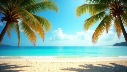 Tropical beach scene with swaying palm trees and turquoise ocean. Summer, vacation, paradise themes