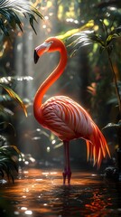 Fototapeta premium Captivating Flamingo in Lush Wetland Landscape with Painterly Impressionist Style