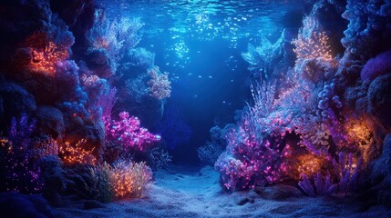 Underwater Coral Reef Scene with Bioluminescent Organisms and Blue Water.
