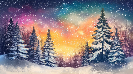 Naklejka premium Winter Wonderland at Twilight: A Magical Winter Landscape with Snow-Covered Trees and Ground, Under a Colorful Twilight Sky with Falling Snow and Hints of Aurora